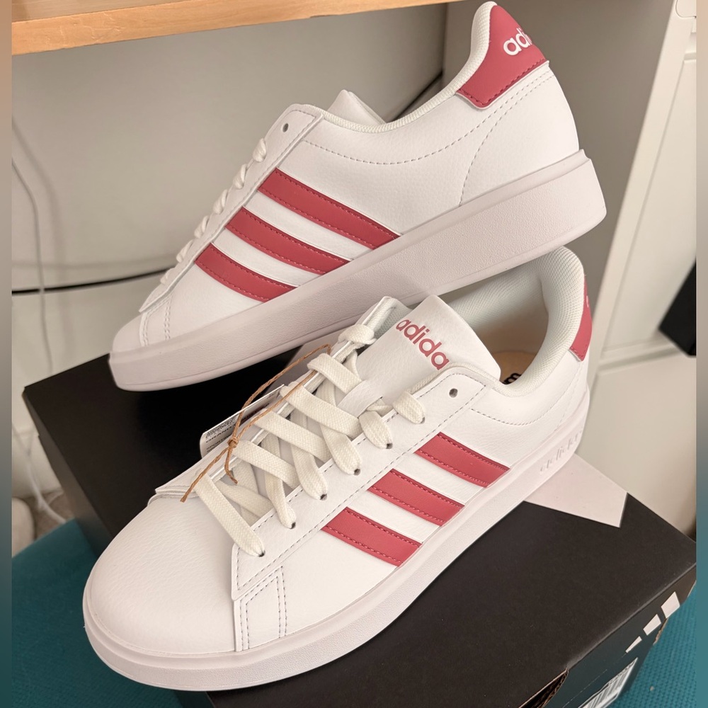 adidas White Sneakers with Pink Three-Stripes - Picture 2 of 6